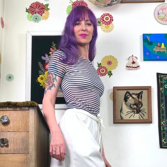 Vintage Navy & White Stripe Mesh Baby Tee, 1990s Calvin Klein Cropped T-Shirt S - Picture 11 of 13